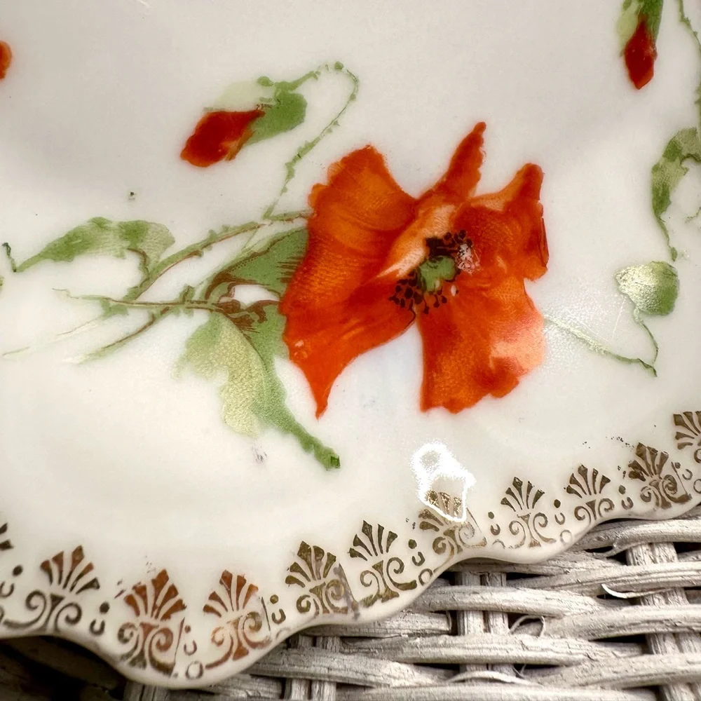 Bavarian China Plate PUNCH Poppies Vintage Romance Dainty Gold Lace Accents
